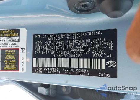 2012 Toyota Camry Hybrid Le from USA, damaged, VIN 4T1BD1FK1CU045159